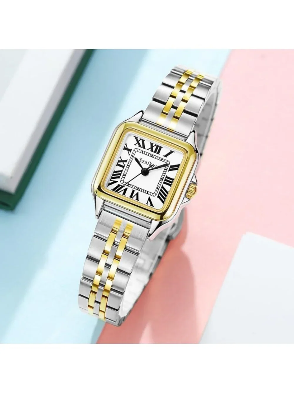 Women's Silver& Gold-Black Square Dial Dainty Vintage Stainless Steel Band Watch